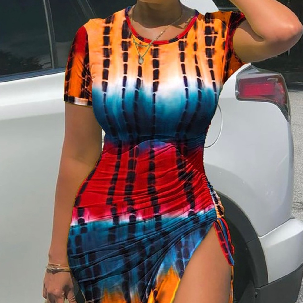 Tie Dye Print Drawstring Ruched High Slit Dress